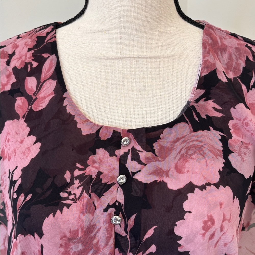 Floral Sheer Pink and Black Blouse - Picture 2 of 6